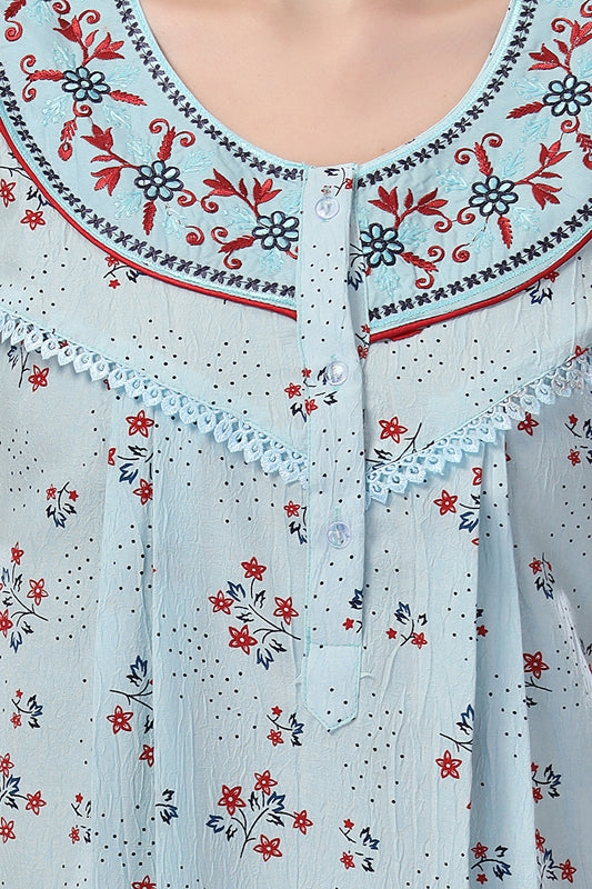 Light Sky Blue Crush Cotton Embroidered Short Sleeves Night Gown for Women