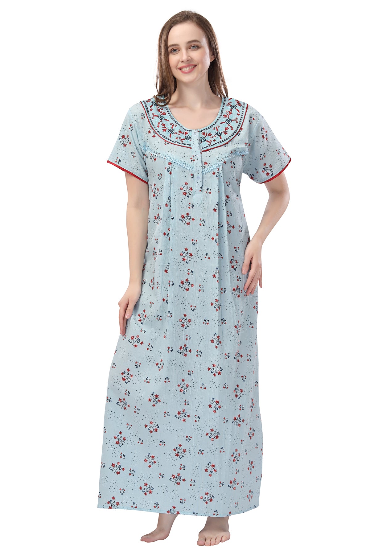 Light Sky Blue Crush Cotton Embroidered Short Sleeves Night Gown for Women