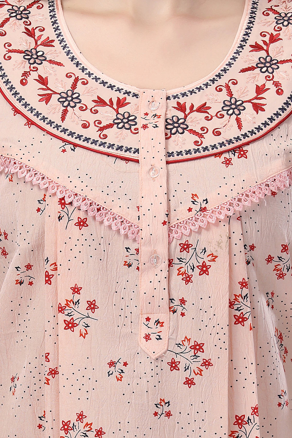 embroidered neck floral nighty for ladies
