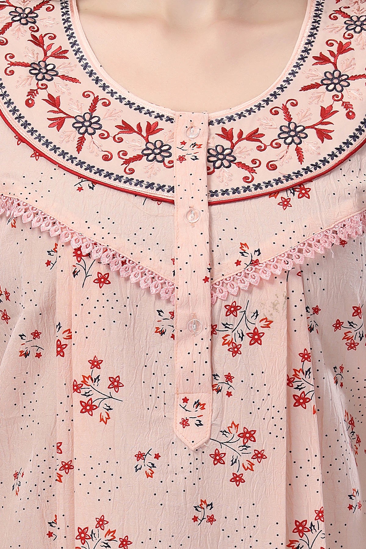 embroidered neck floral nighty for ladies
