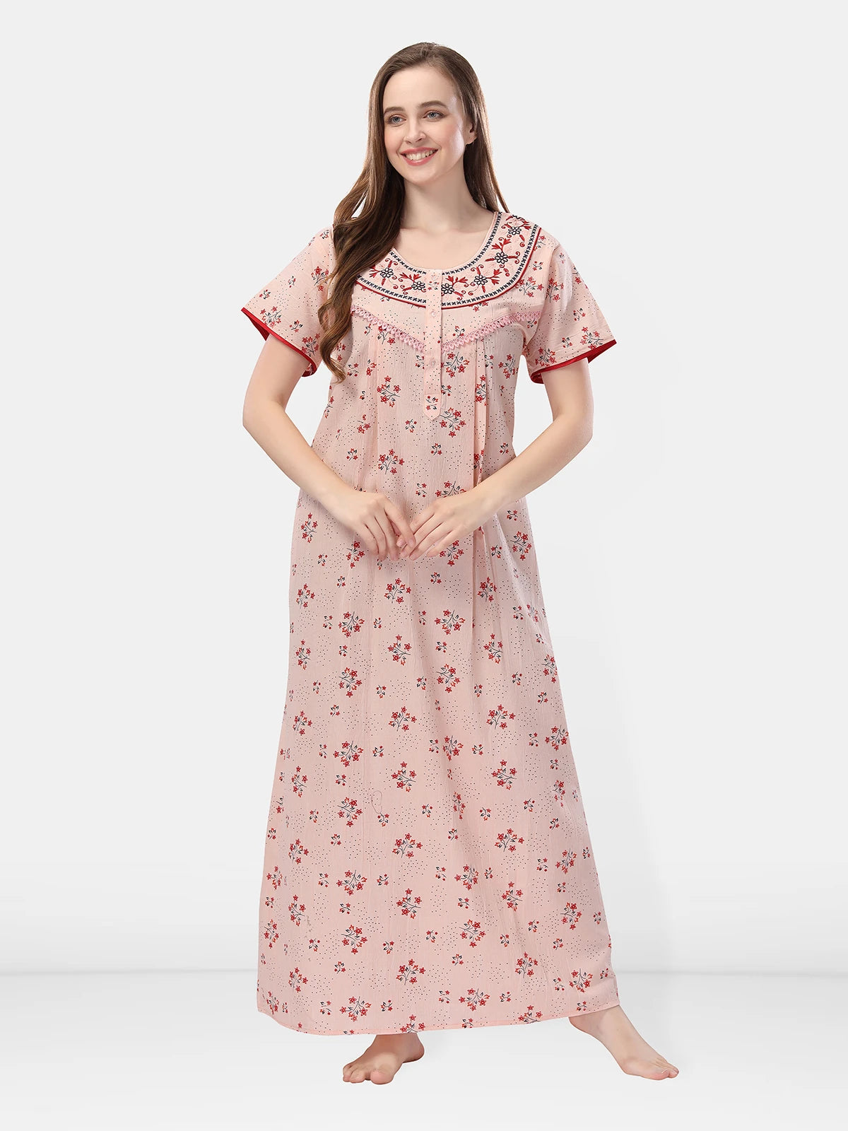 short sleeves peach nighty with pocket
