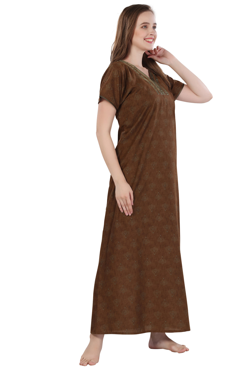 Brown Cotton Paisley Print Night Gown for Women