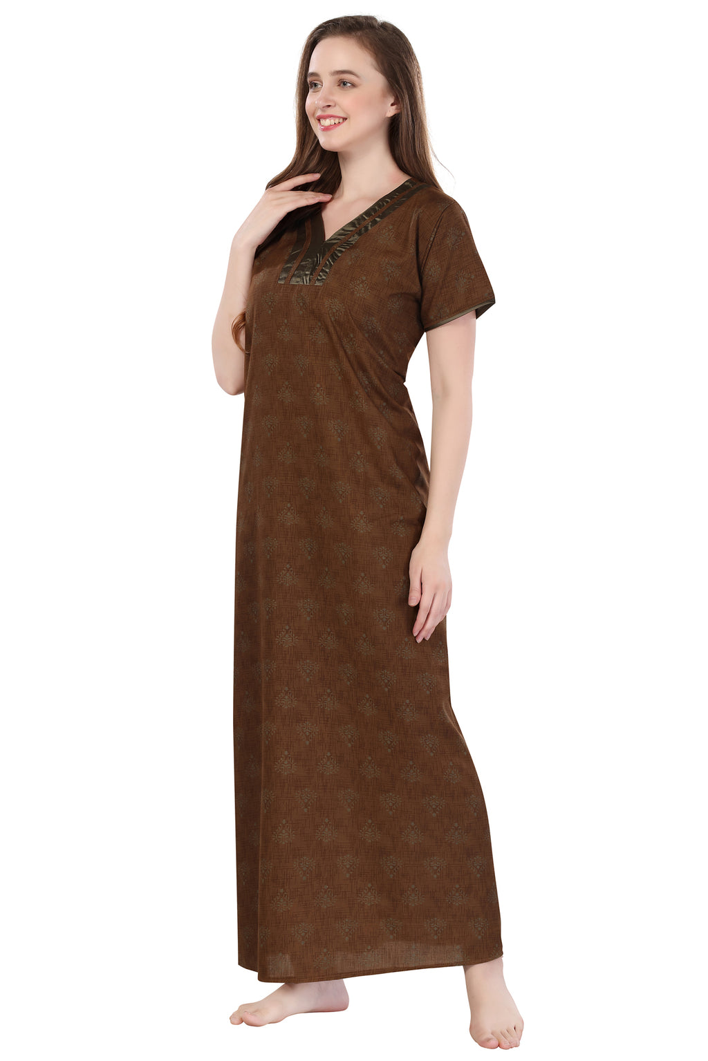 Brown Cotton Paisley Print Night Gown for Women