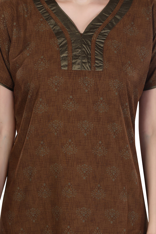 Brown Cotton Paisley Print Night Gown for Women