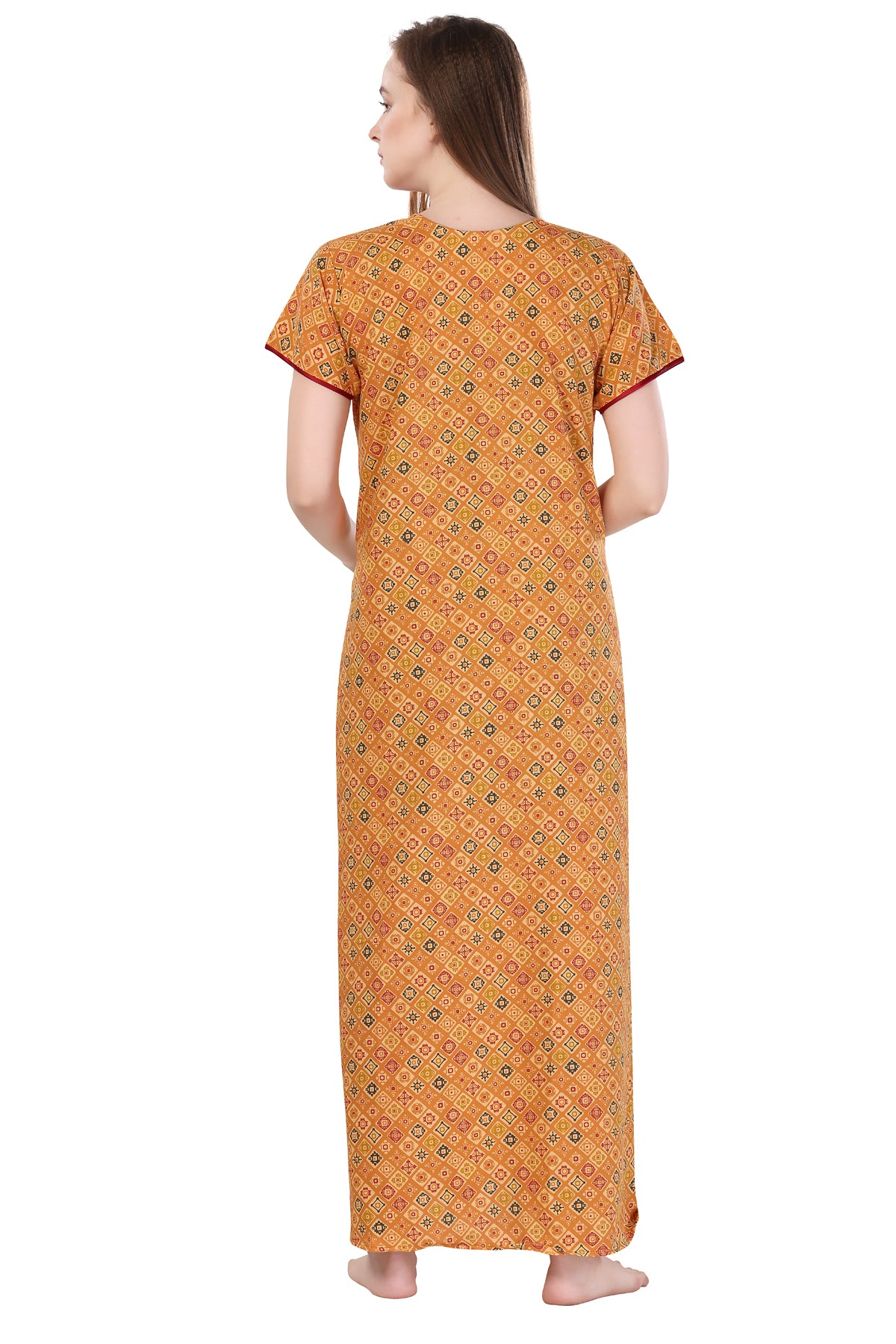 Orange Cotton Geometric Print Short Sleeves Pack of 1 Night Gown for Women