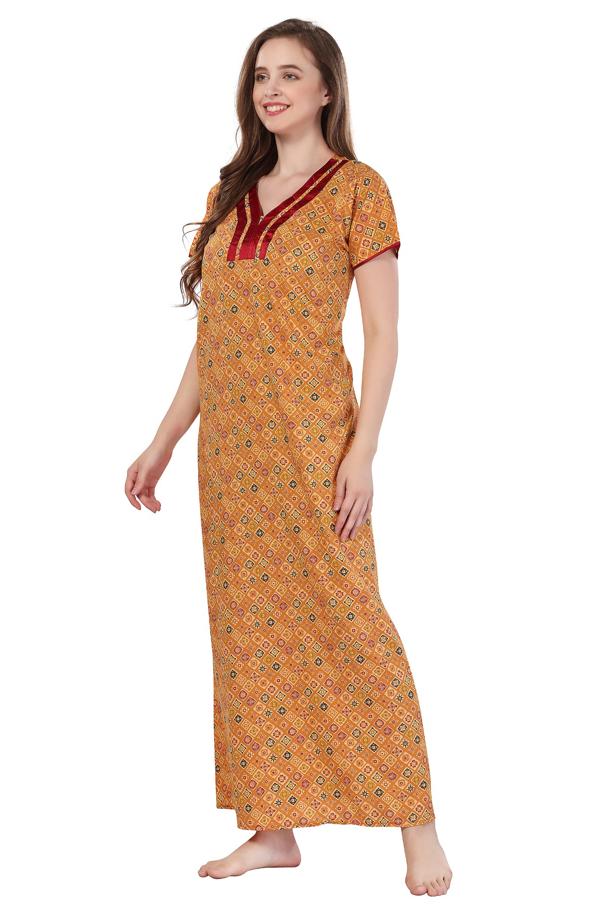 Orange Cotton Geometric Print Short Sleeves Pack of 1 Night Gown for Women
