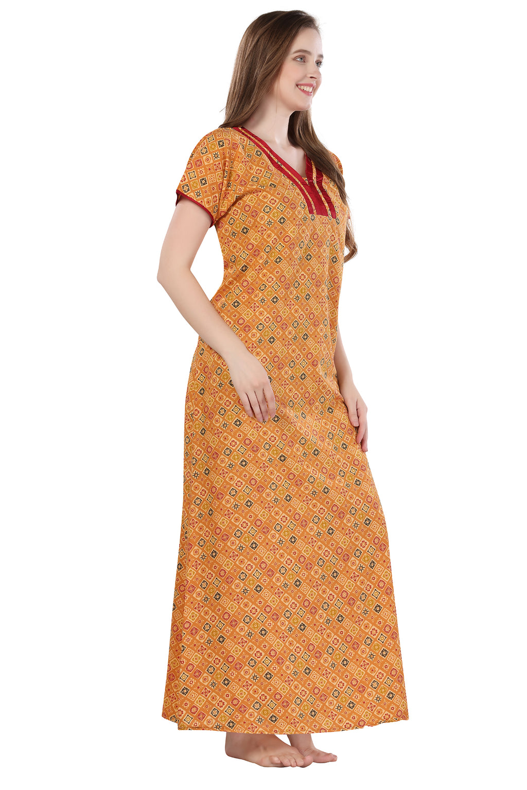 Orange Cotton Geometric Print Short Sleeves Pack of 1 Night Gown for Women