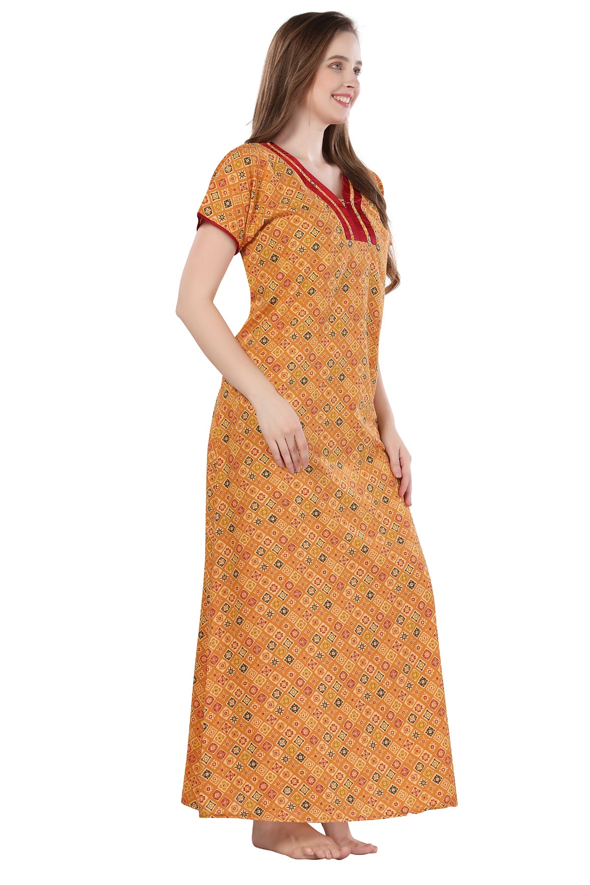 Orange Cotton Geometric Print Short Sleeves Pack of 1 Night Gown for Women