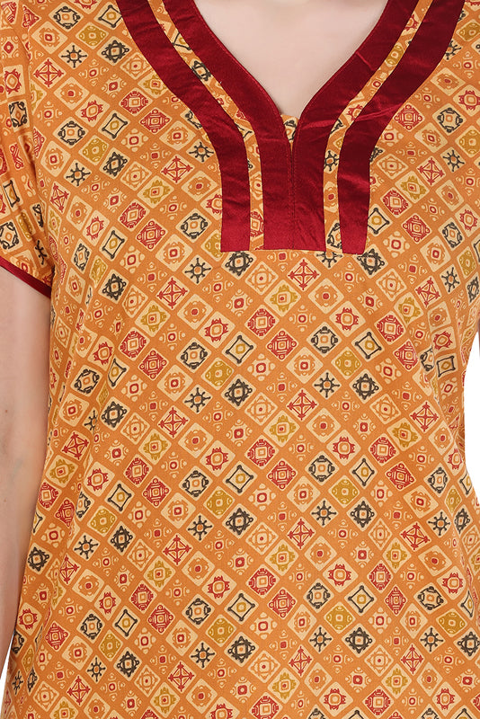 Orange Cotton Geometric Print Short Sleeves Pack of 1 Night Gown for Women