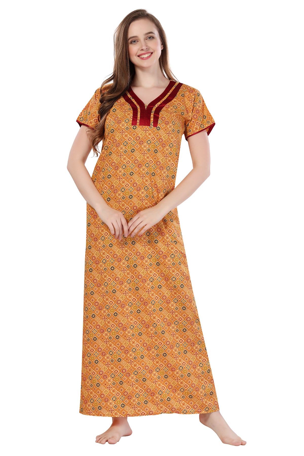 Orange Cotton Geometric Print Short Sleeves Pack of 1 Night Gown for Women
