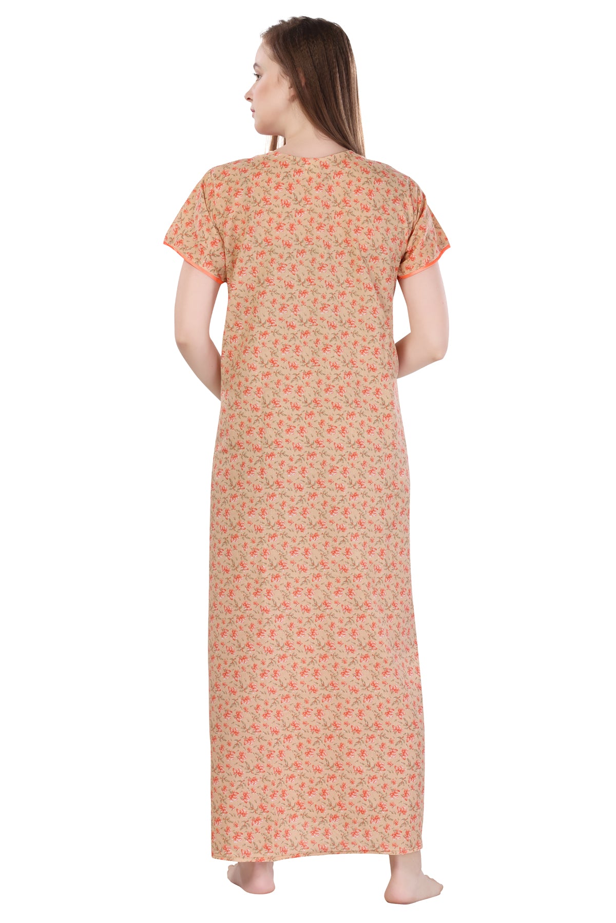 Light Orange Cotton Floral Print Short Sleeves Pack of 1 Night Gown for Women