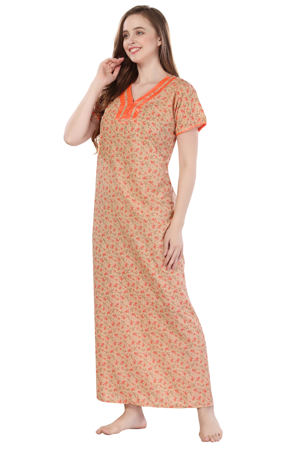 Light Orange Cotton Floral Print Short Sleeves Pack of 1 Night Gown for Women