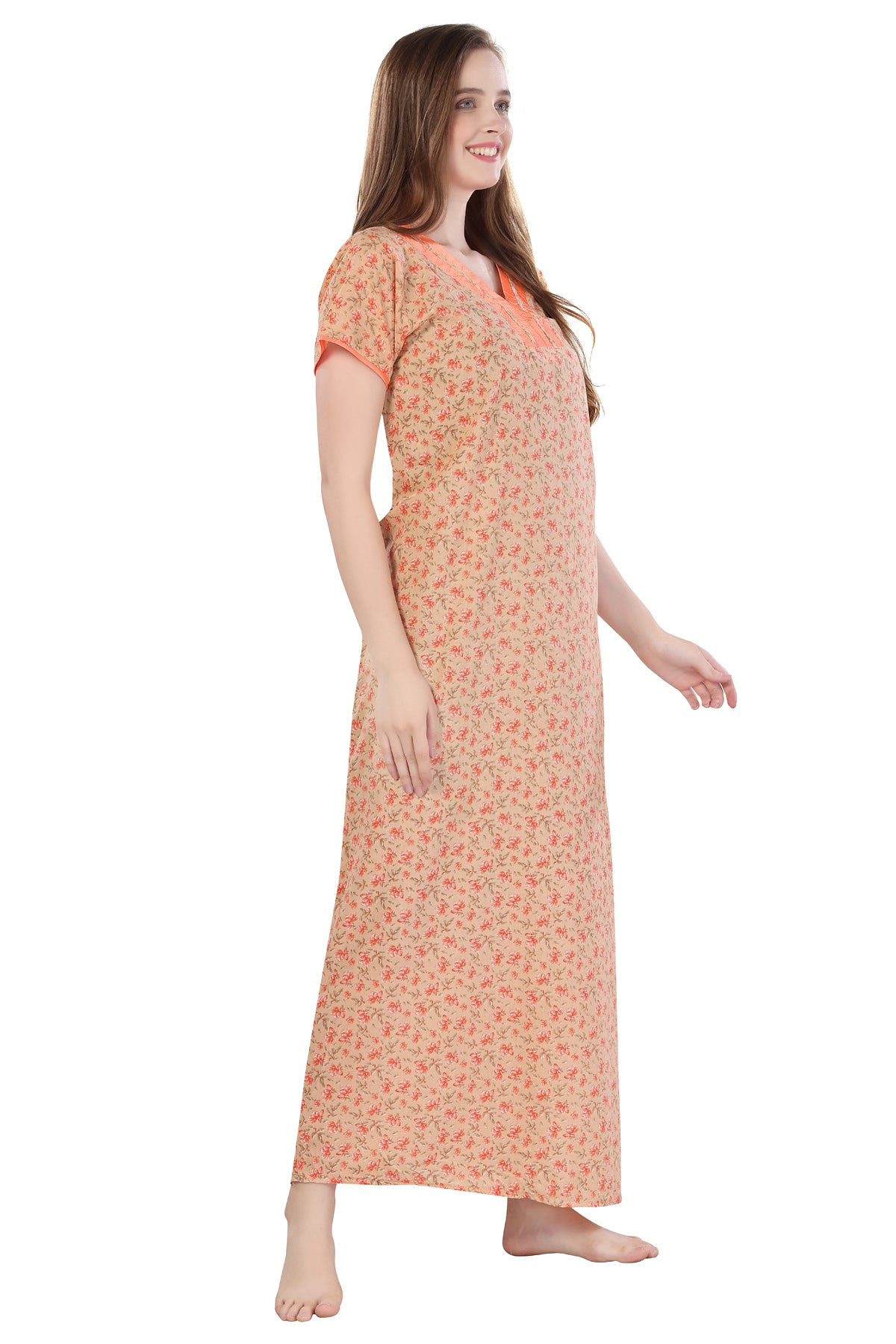 Light Orange Cotton Floral Print Short Sleeves Pack of 1 Night Gown for Women