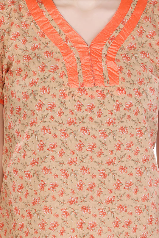 Light Orange Cotton Floral Print Short Sleeves Pack of 1 Night Gown for Women