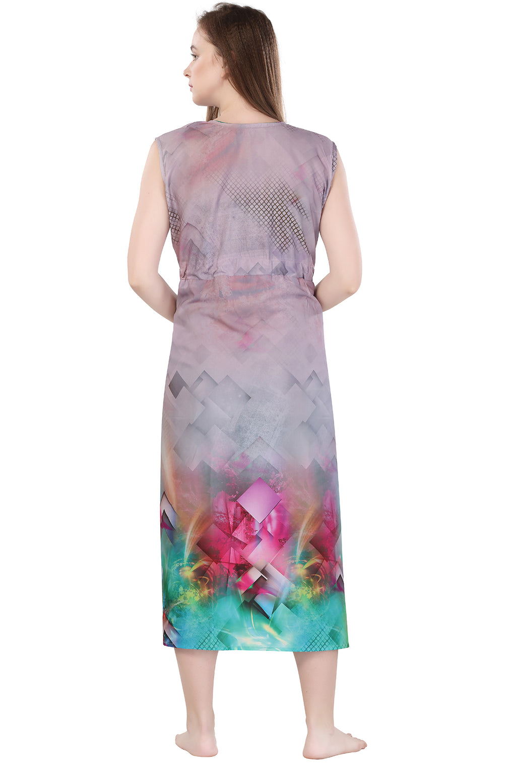 Light Grey Rayon Geometric Print Sleeveless Night Gown