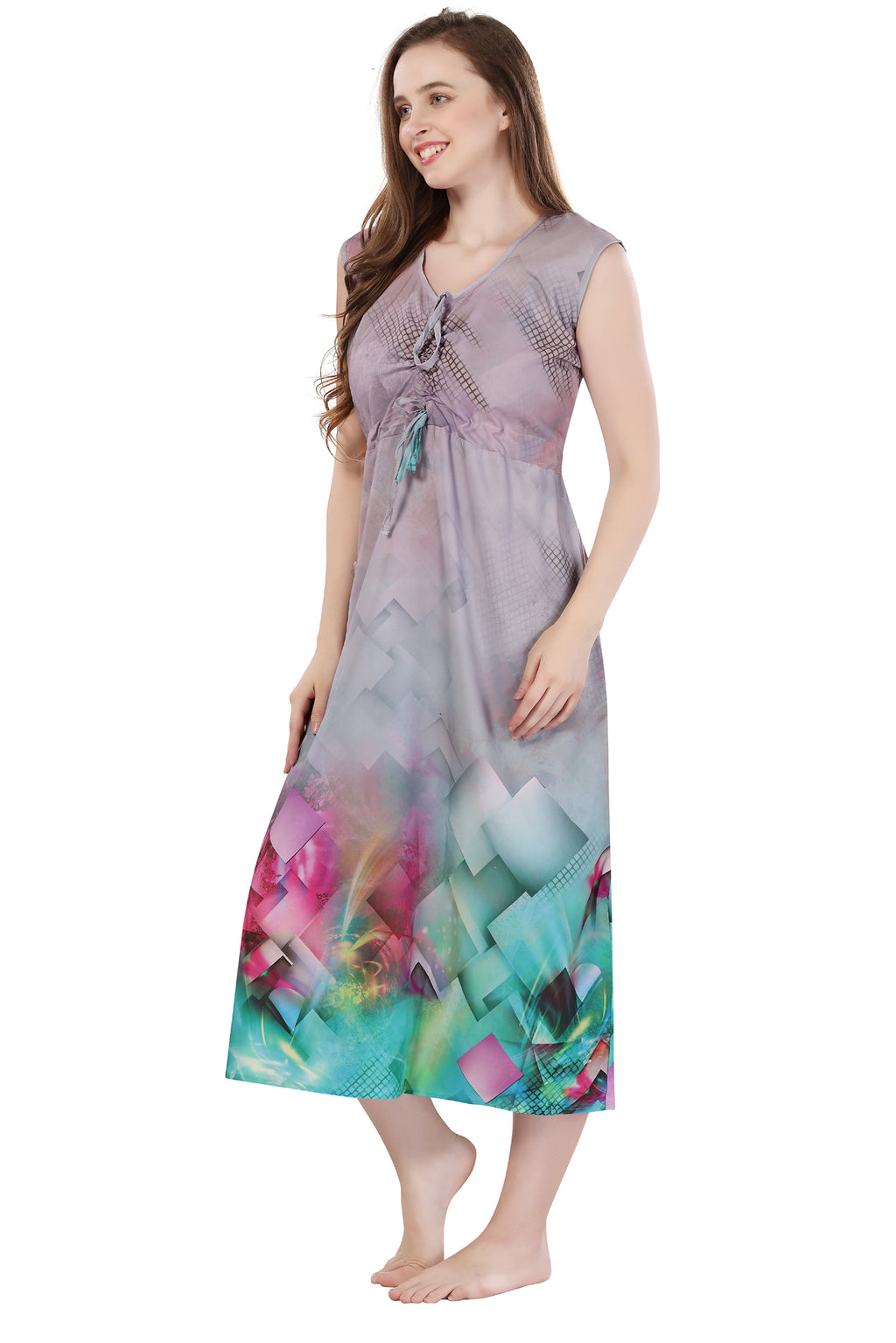 Light Grey Rayon Geometric Print Sleeveless Night Gown
