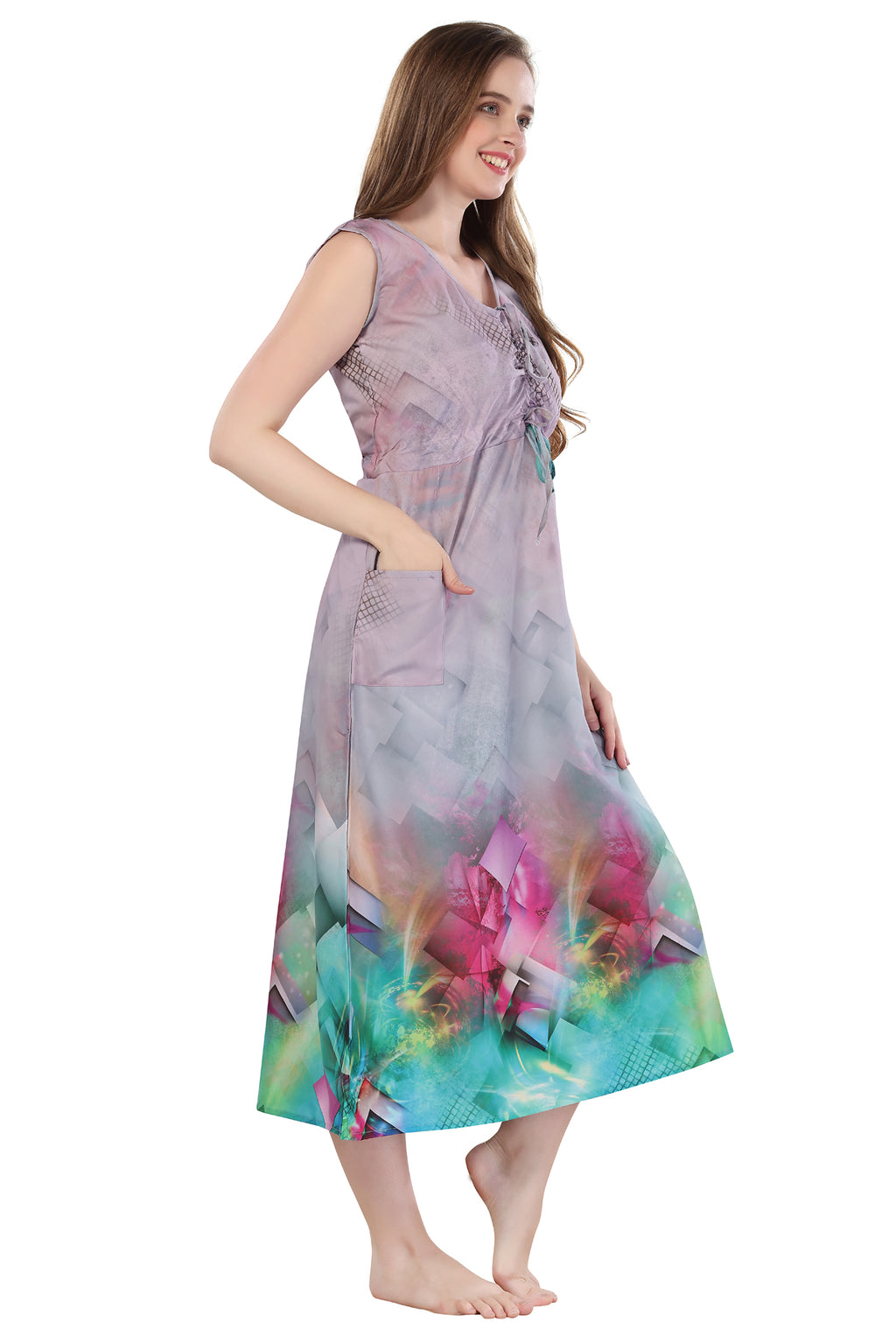 Light Grey Rayon Geometric Print Sleeveless Night Gown