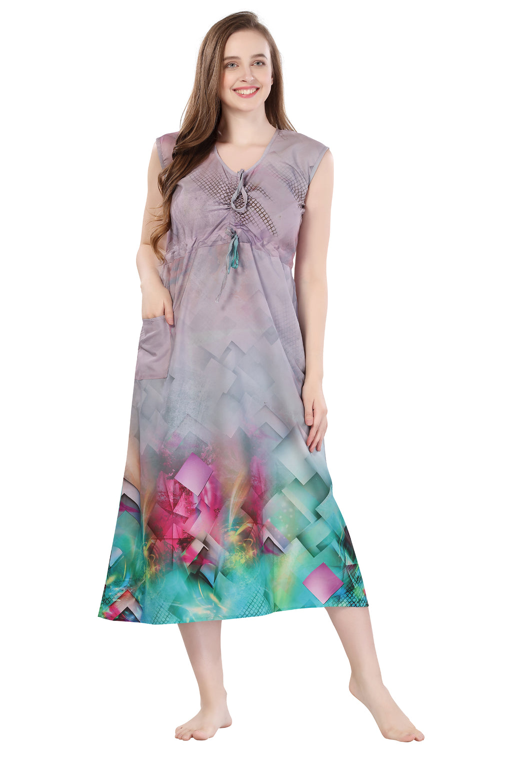 Light Grey Rayon Geometric Print Sleeveless Night Gown