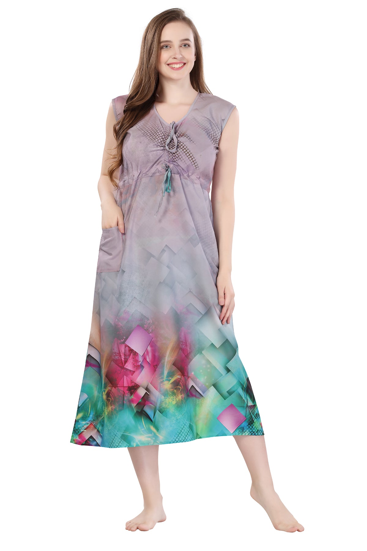 Light Grey Rayon Geometric Print Sleeveless Night Gown
