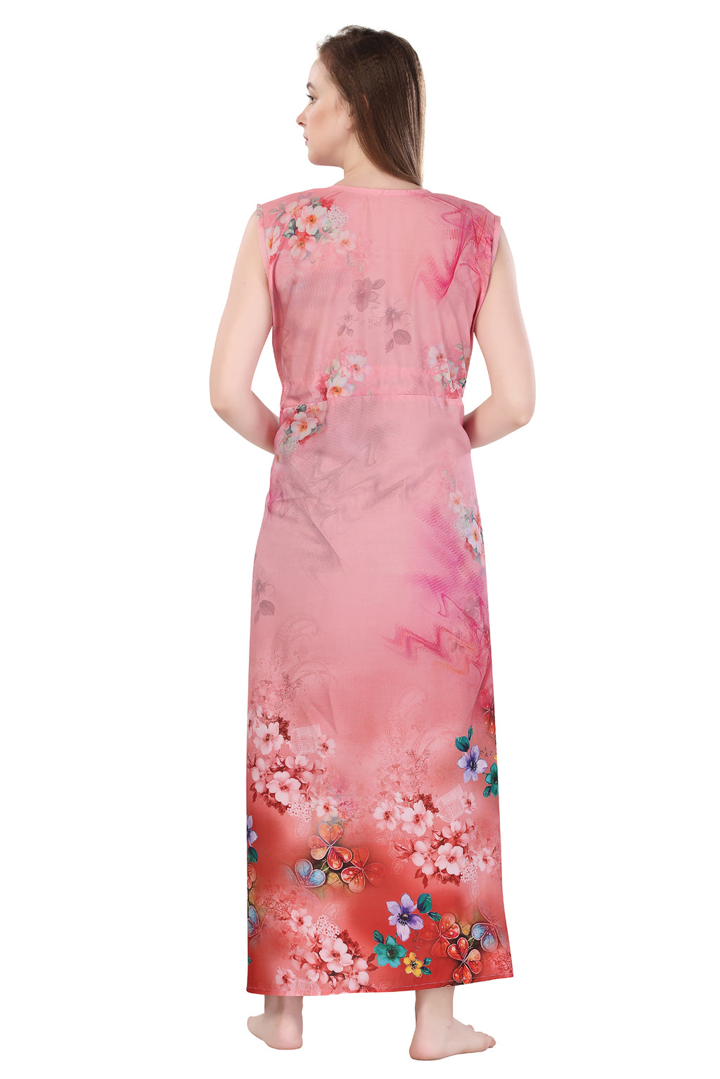 Peach Floral Print Night Gown For Women Back
