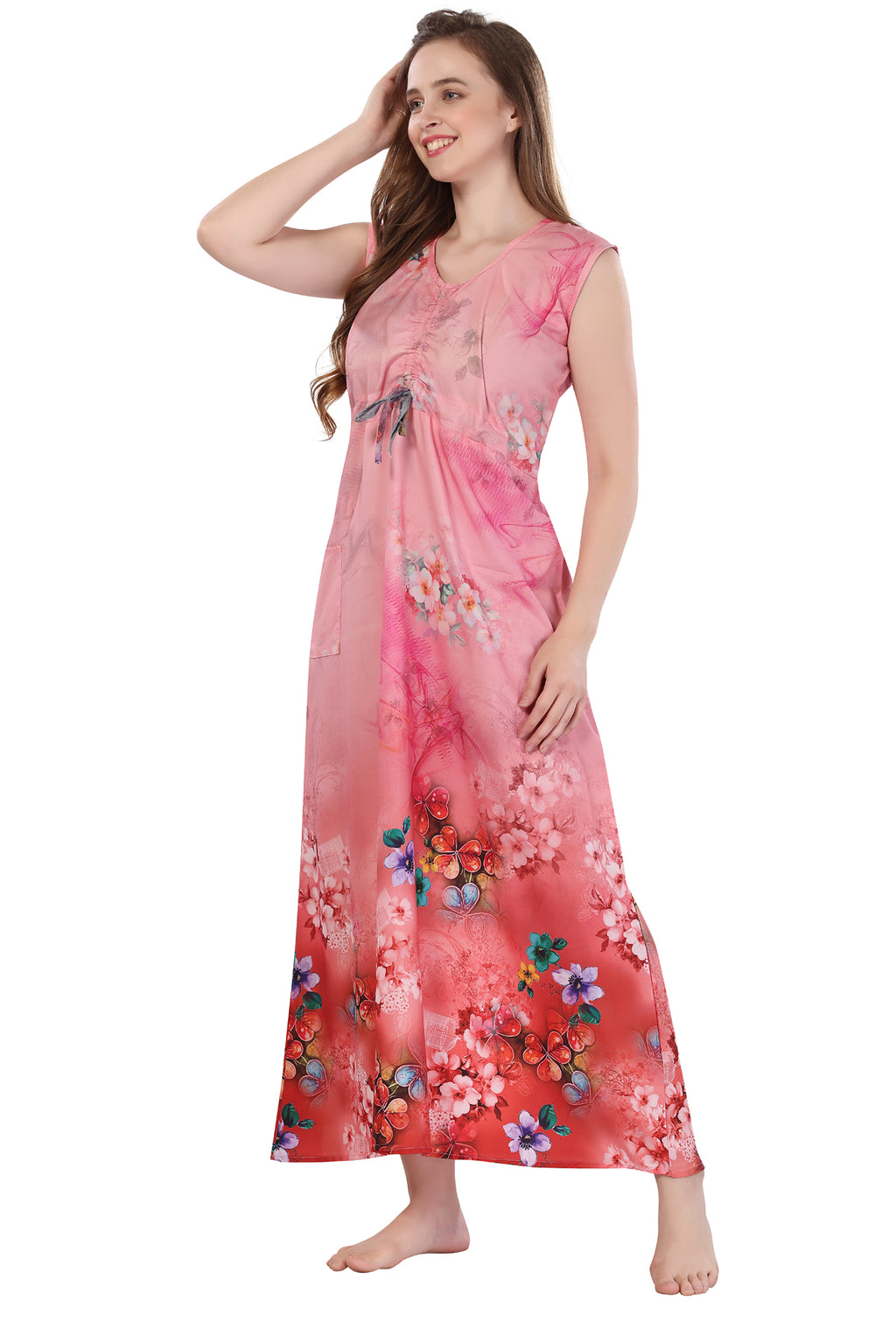 Peach Floral Print Night Gown For Women Side