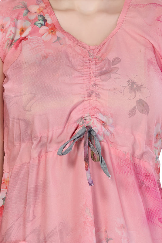 Peach Floral Print Night Gown For Women Neck