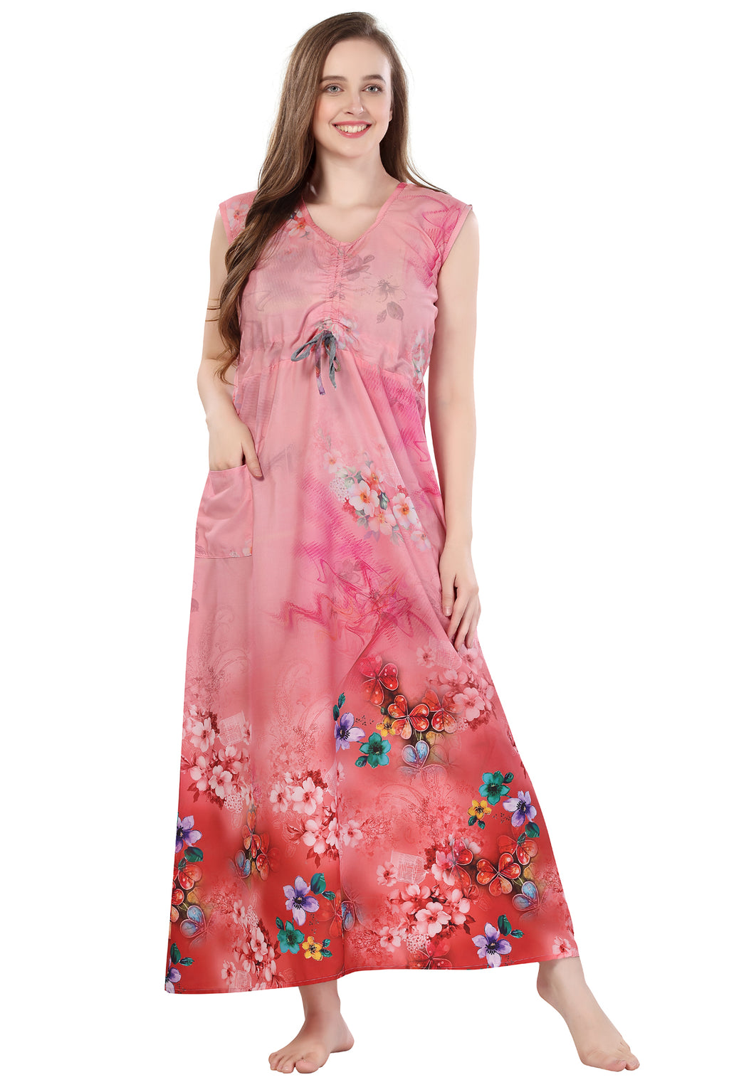 Peach Floral Print Night Gown For Women