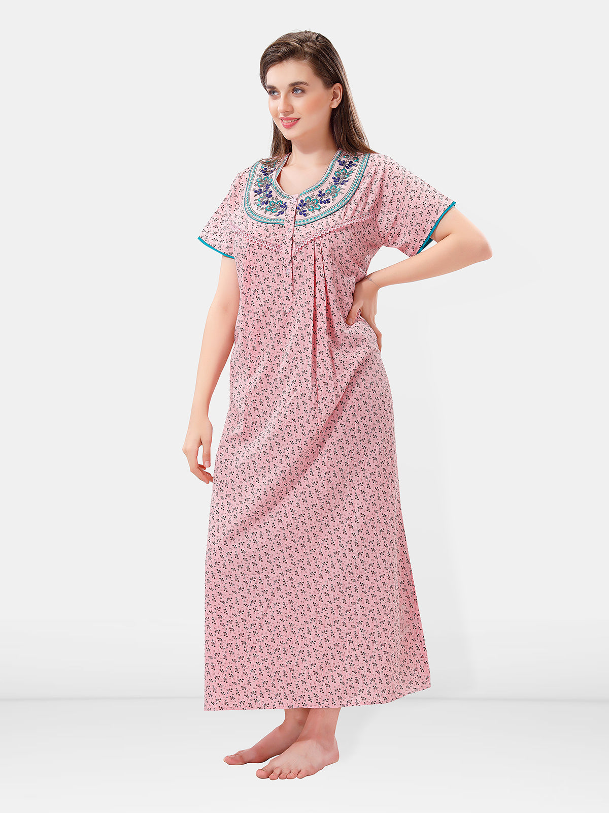 Light Pink Cotton Embroidered Night Gown