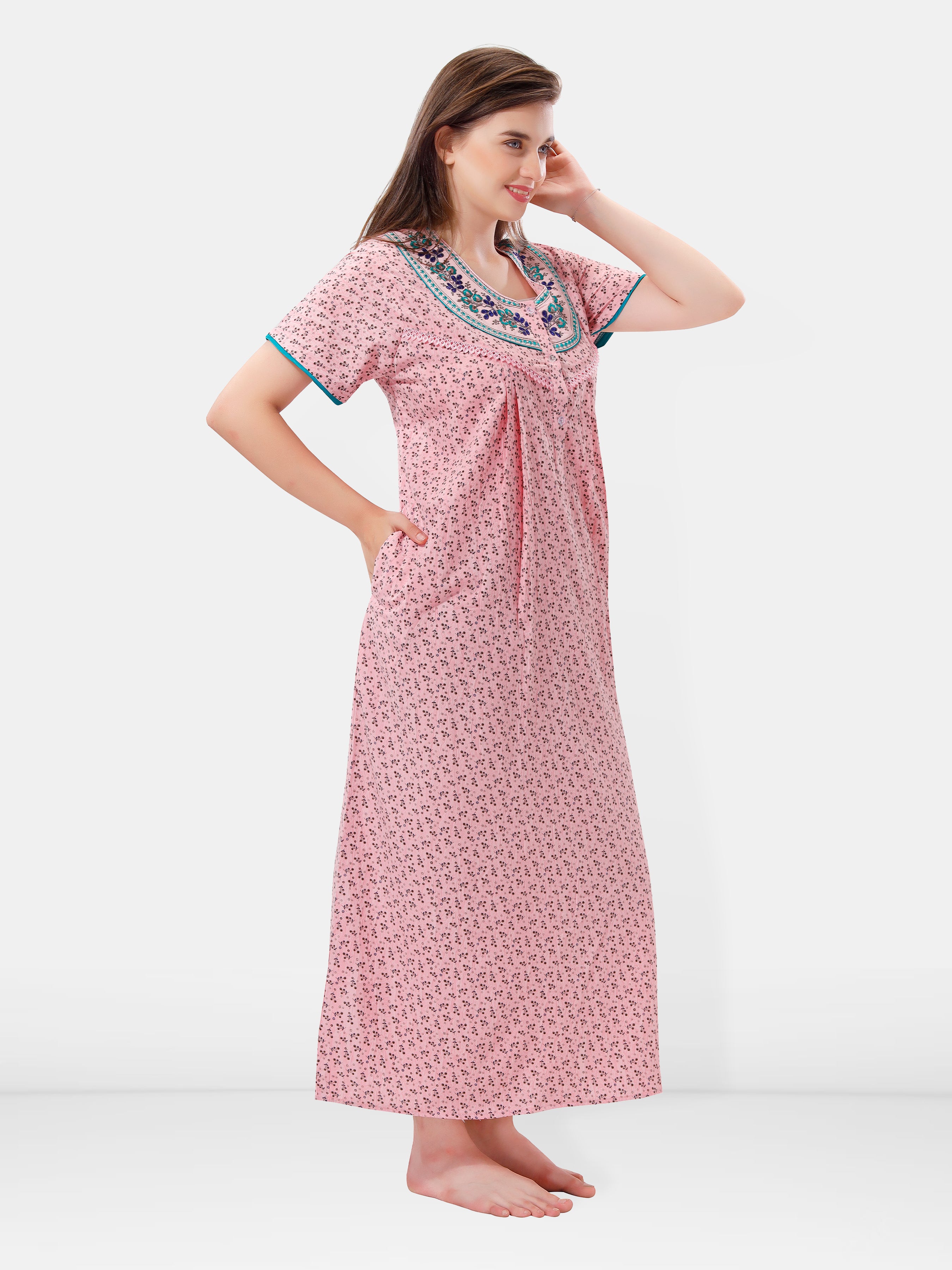 Light Pink Cotton Embroidered Night Gown