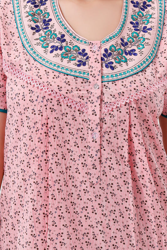 Light Pink Cotton Embroidered Night Gown