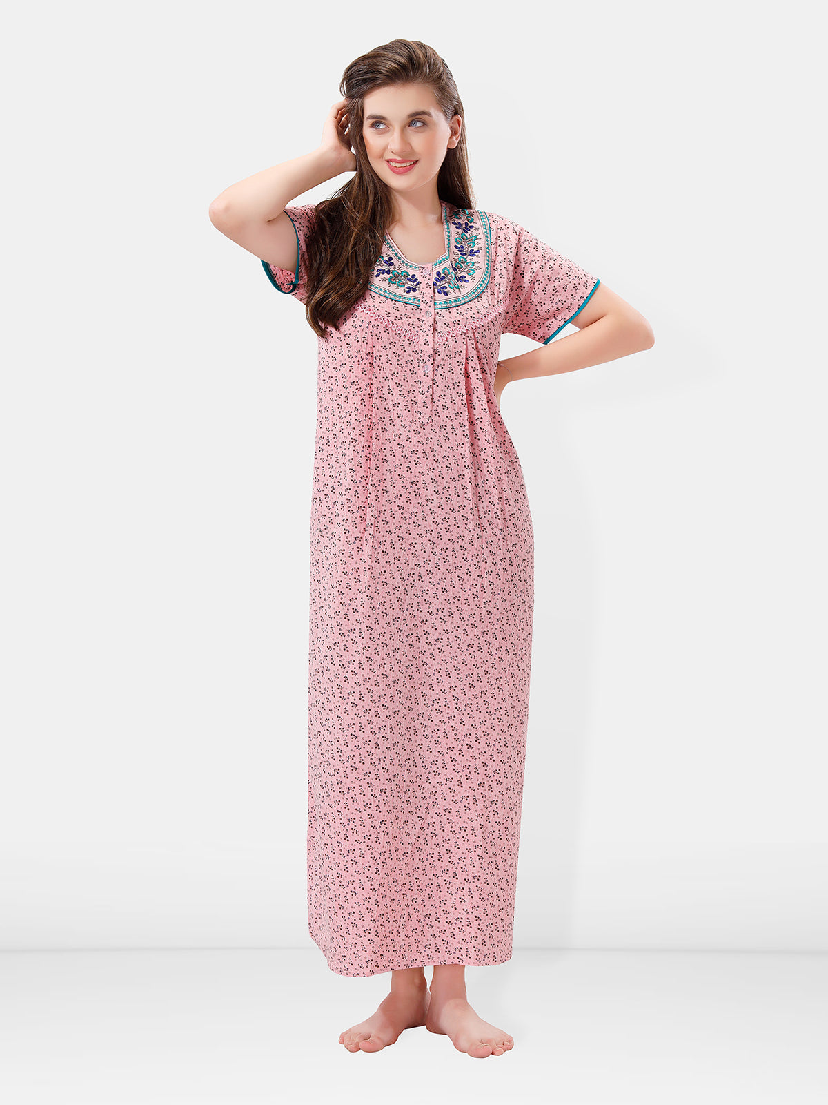 Light Pink Cotton Embroidered Night Gown
