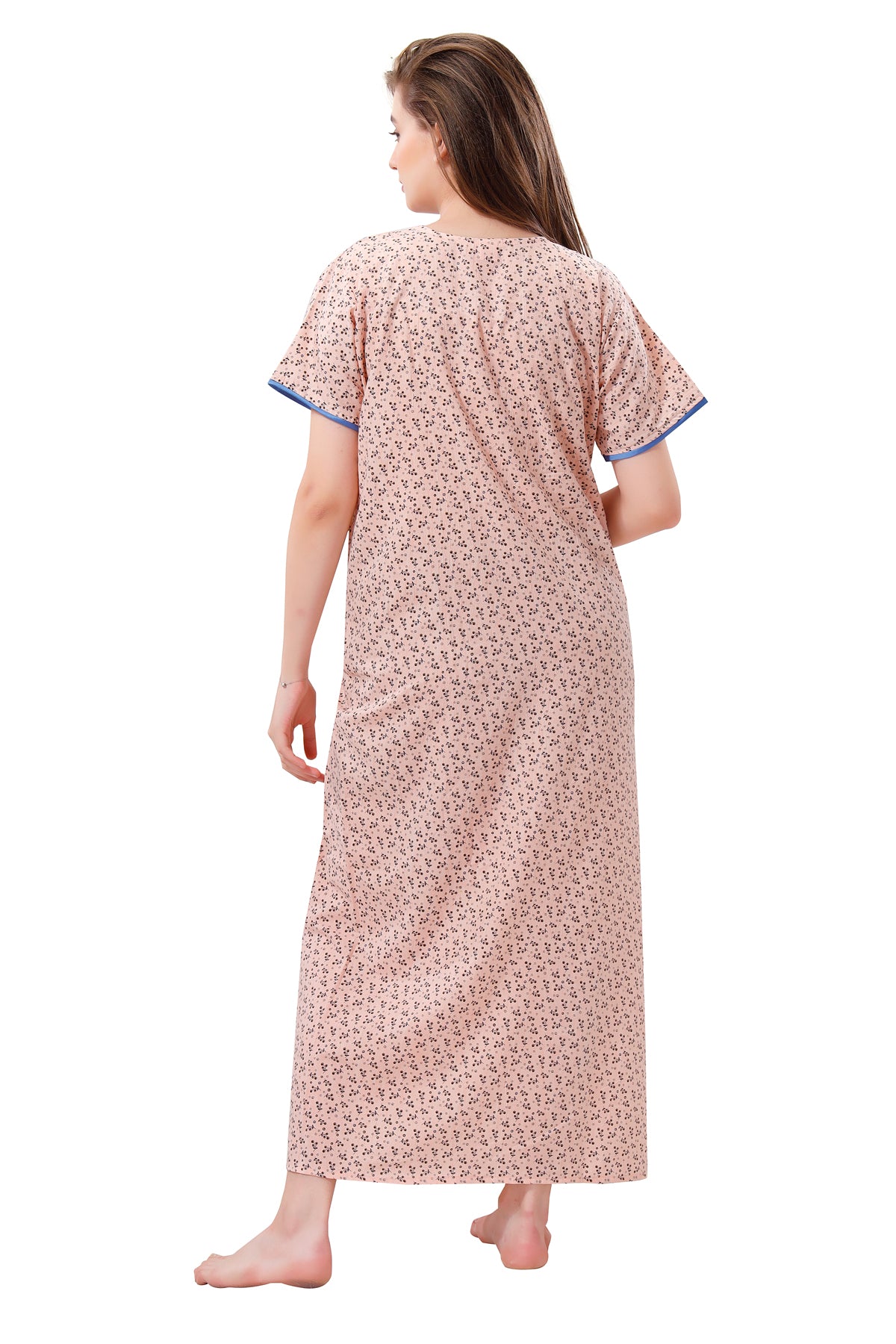 Peach Puff Crush Cotton Embroidered Short Sleeves Pack of 1 Night Gown for Women