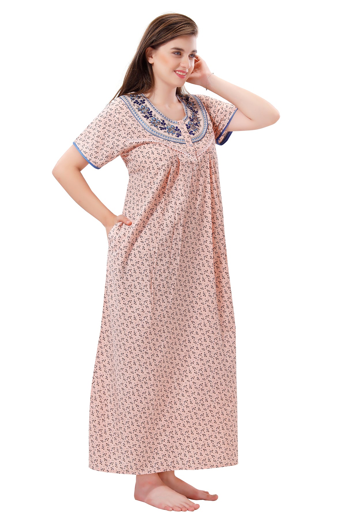 Peach Puff Crush Cotton Embroidered Short Sleeves Pack of 1 Night Gown for Women