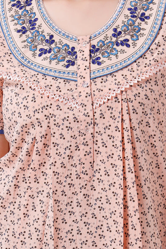 Peach Puff Crush Cotton Embroidered Short Sleeves Pack of 1 Night Gown for Women