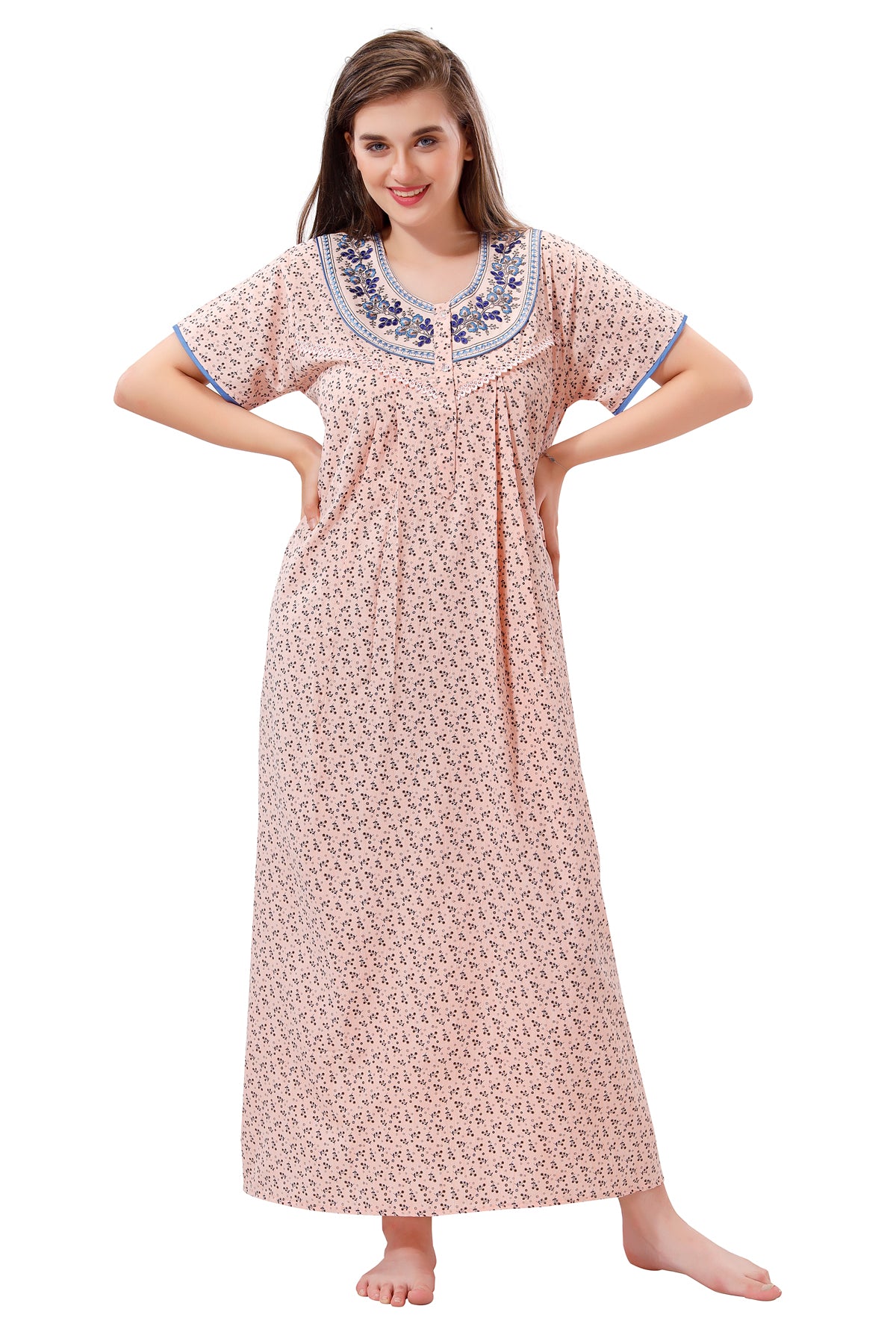Peach Puff Crush Cotton Embroidered Short Sleeves Pack of 1 Night Gown for Women