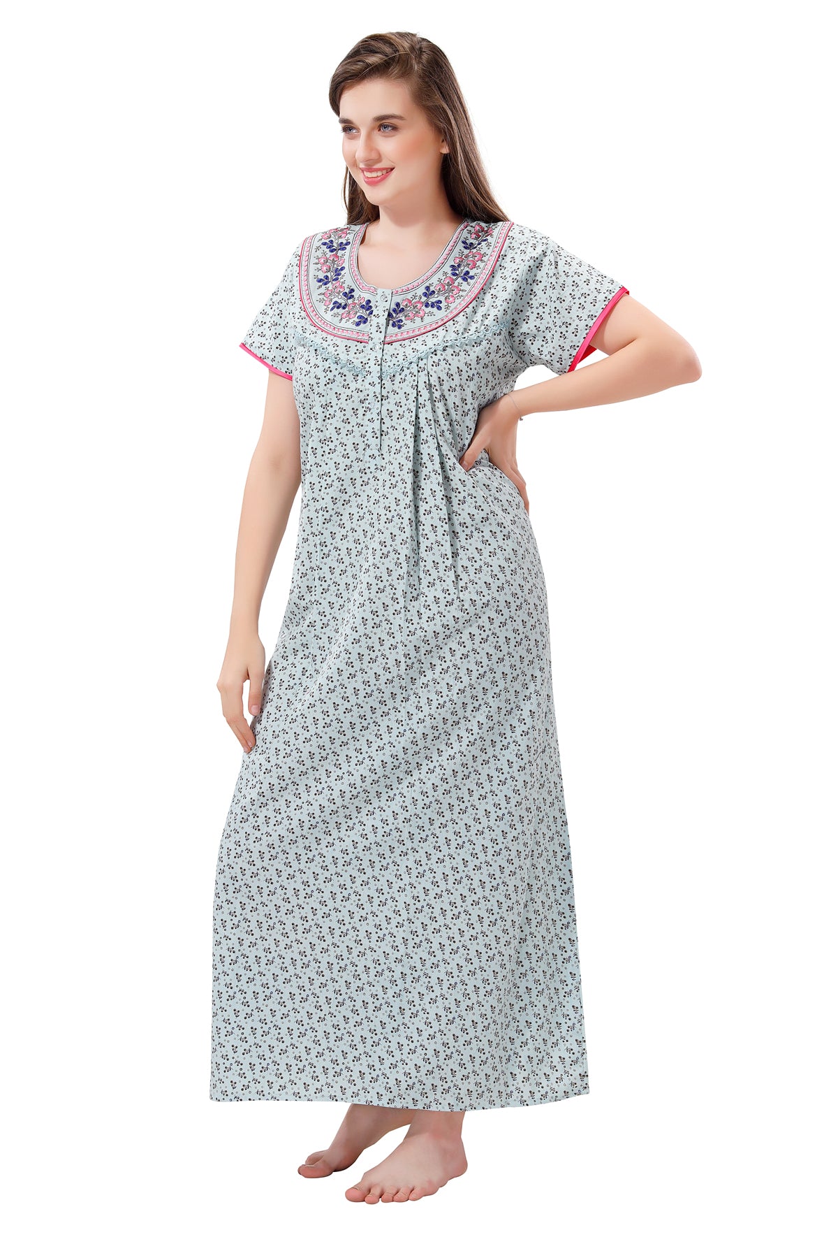 Light Blue Crush Cotton Embroidered Night Gown for Women