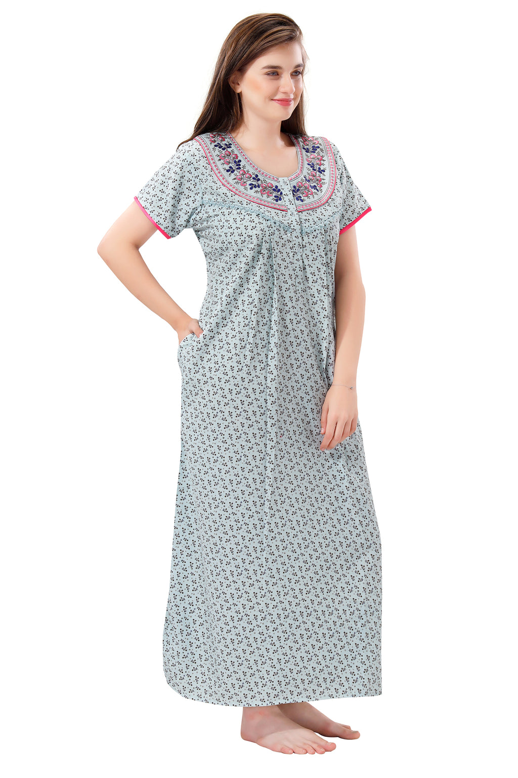 Light Blue Crush Cotton Embroidered Night Gown for Women