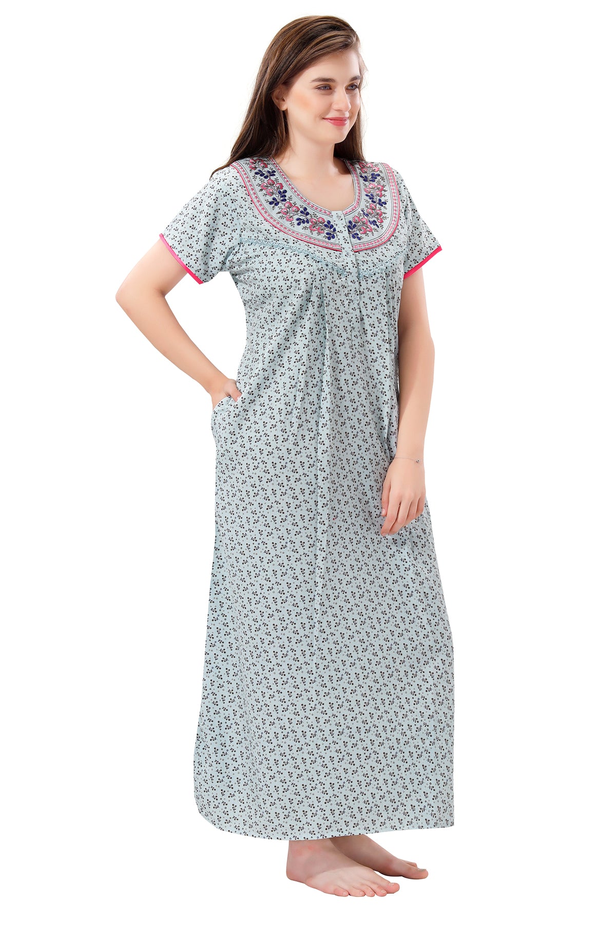 Light Blue Crush Cotton Embroidered Night Gown for Women
