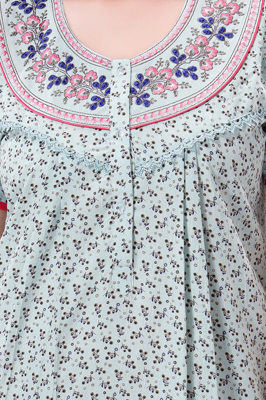 Light Blue Crush Cotton Embroidered Night Gown for Women