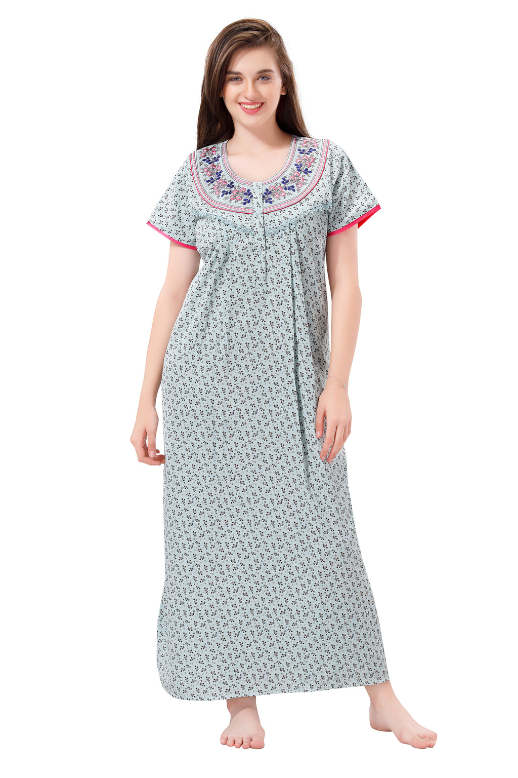 Light Blue Crush Cotton Embroidered Night Gown for Women