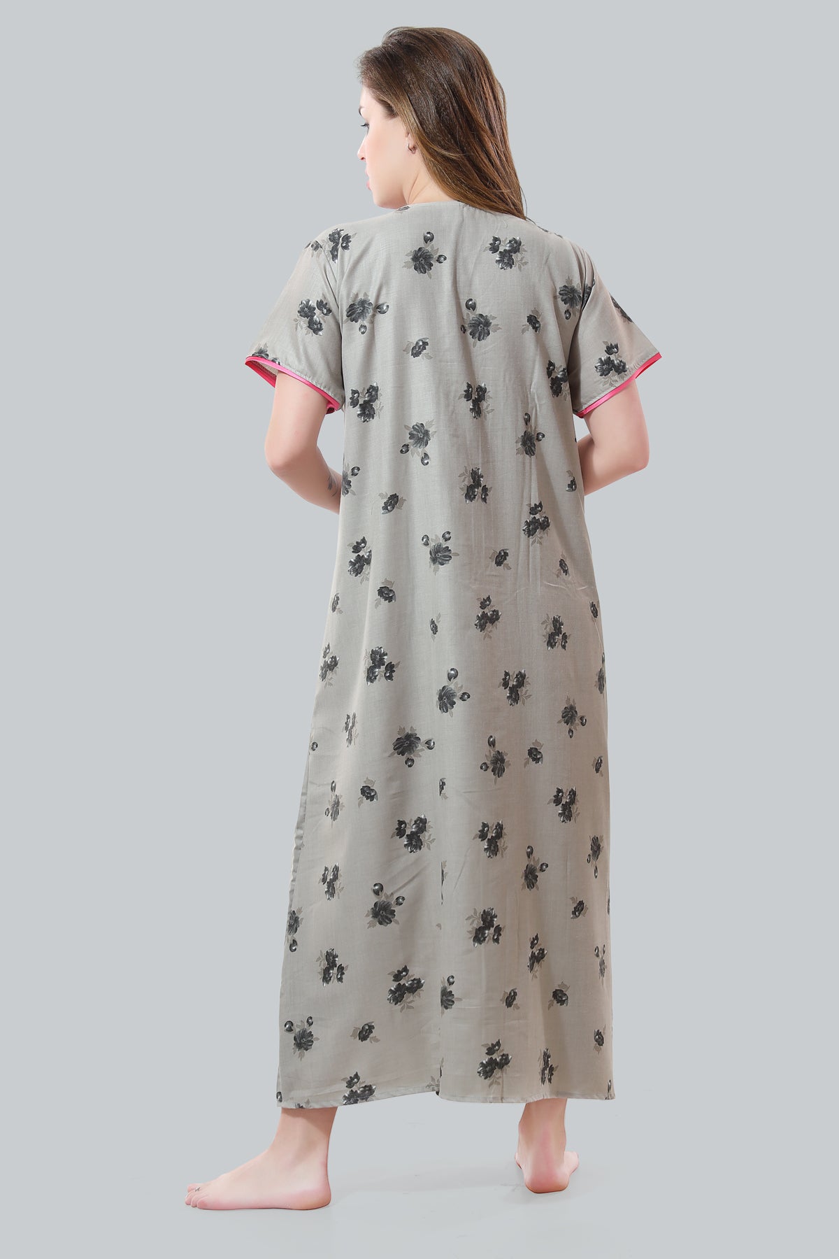 Grey Alpine Cotton Embroidered Short Sleeves Night Gown