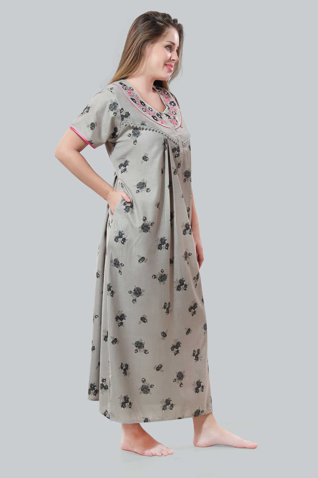 Grey Alpine Cotton Embroidered Short Sleeves Night Gown