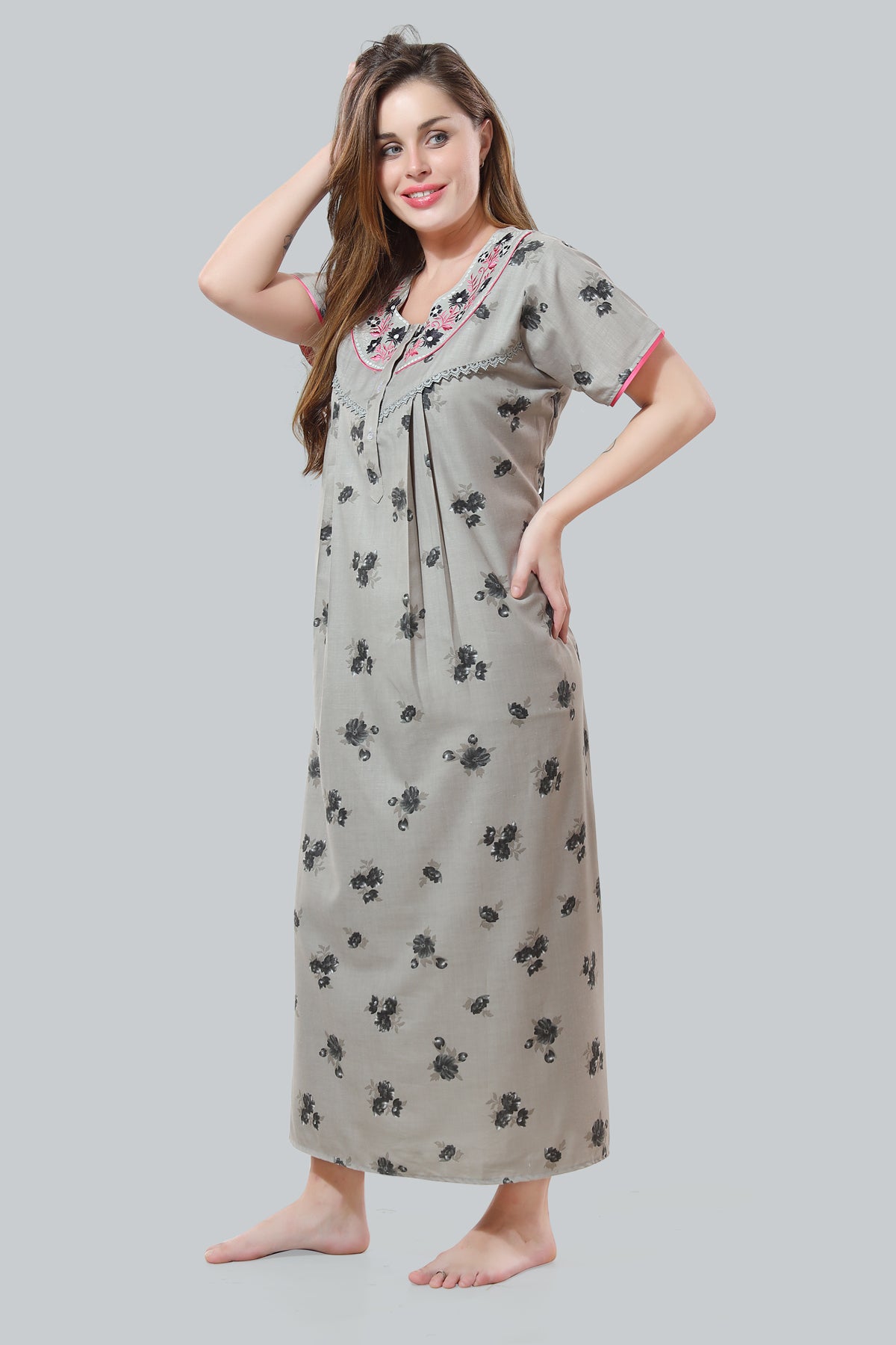 Grey Alpine Cotton Embroidered Short Sleeves Night Gown