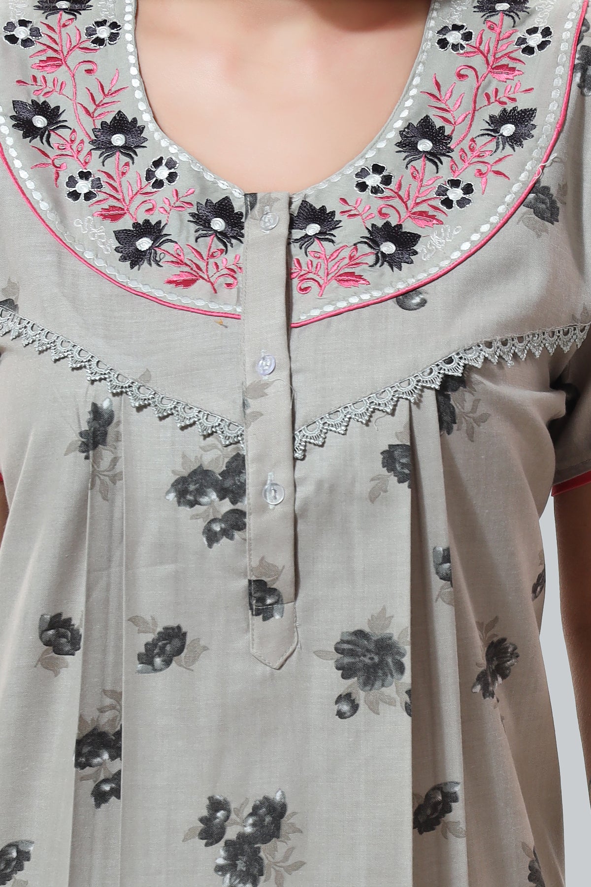 Grey Alpine Cotton Embroidered Short Sleeves Night Gown