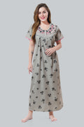 Grey Alpine Cotton Embroidered Short Sleeves Night Gown