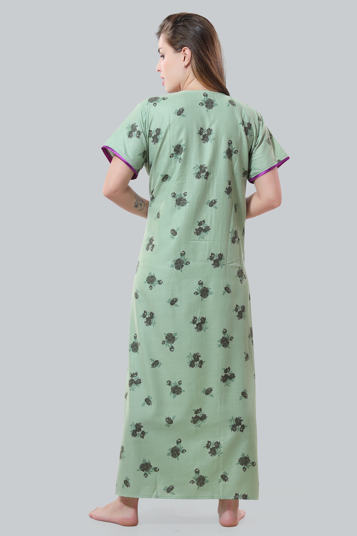 Mint Green Cotton Embroidered Night Gown