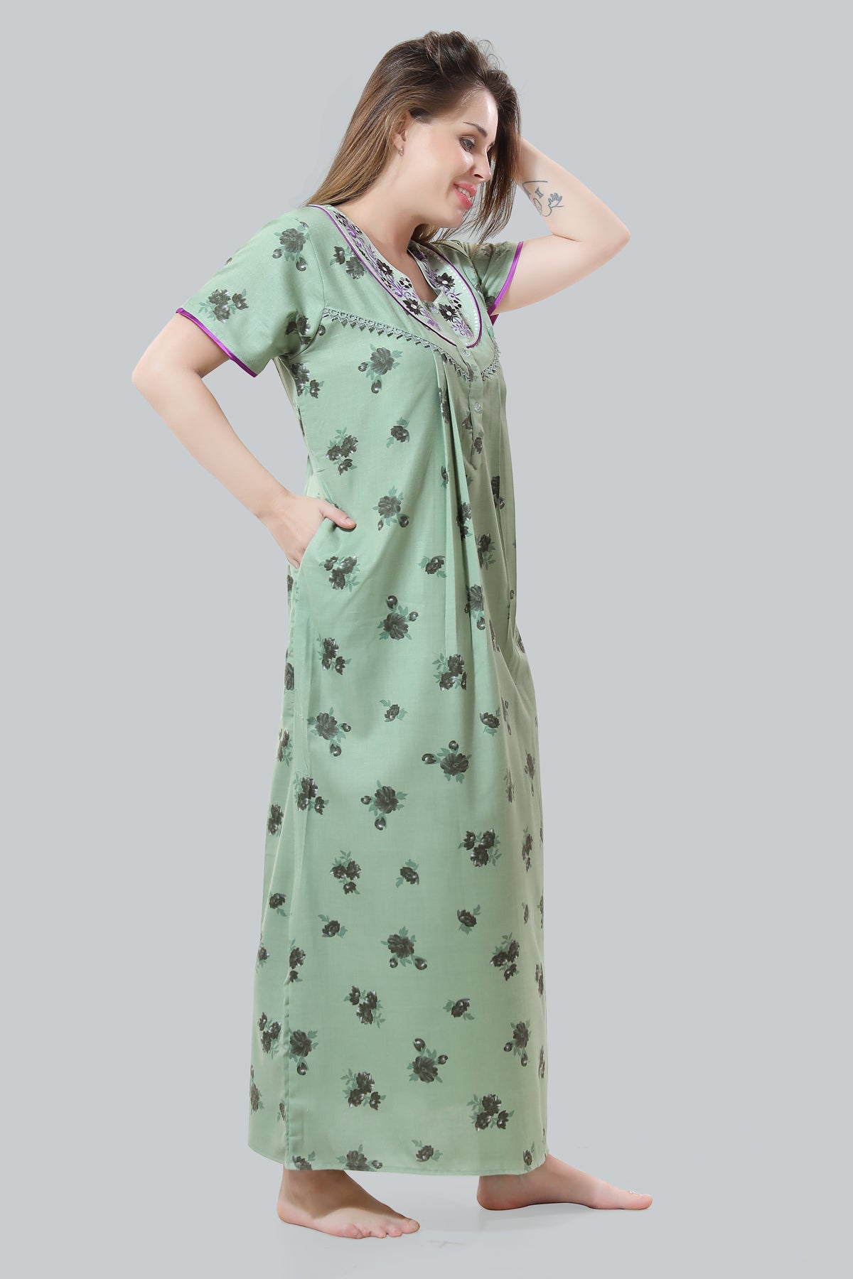 Mint Green Cotton Embroidered Night Gown