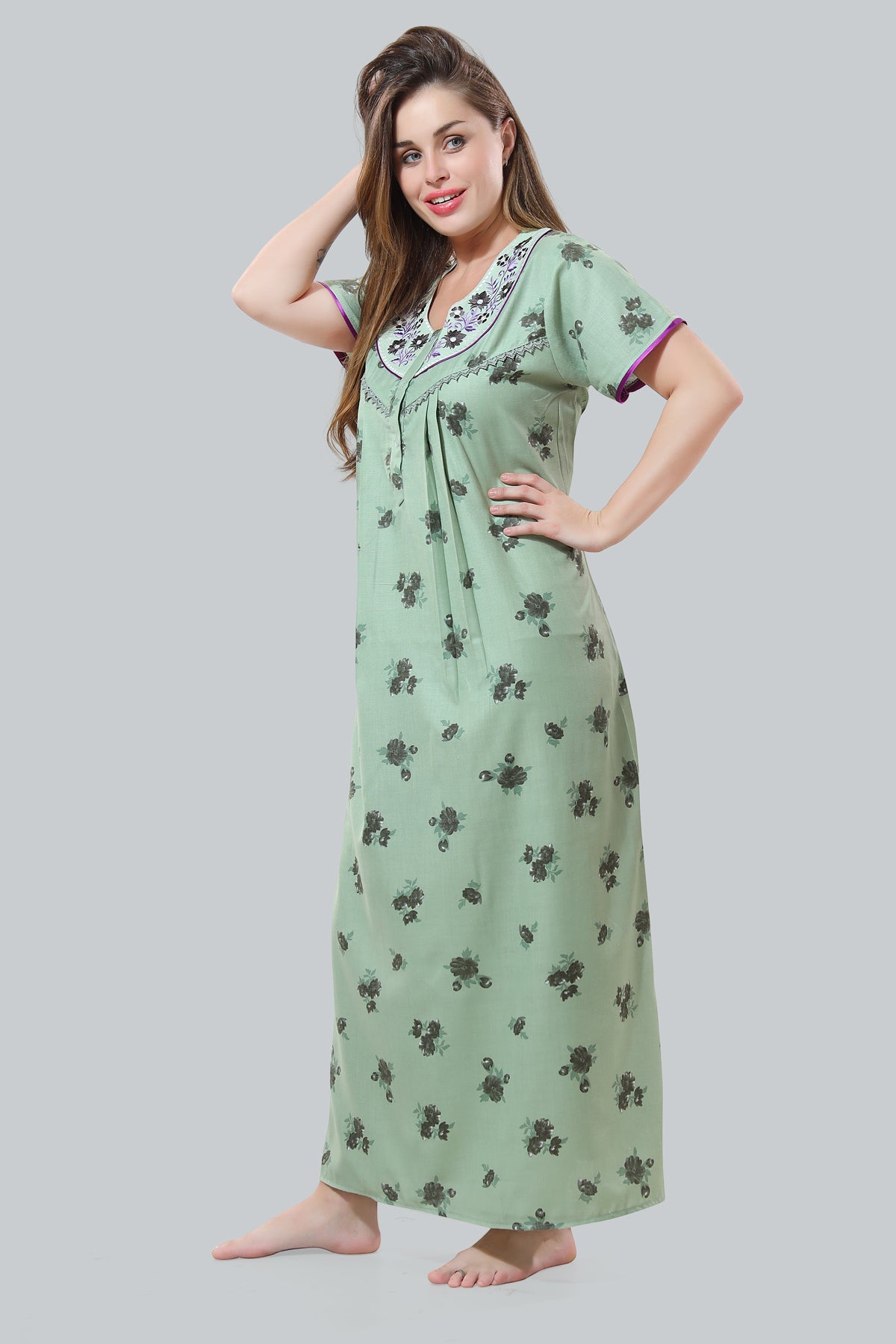 Mint Green Cotton Embroidered Night Gown