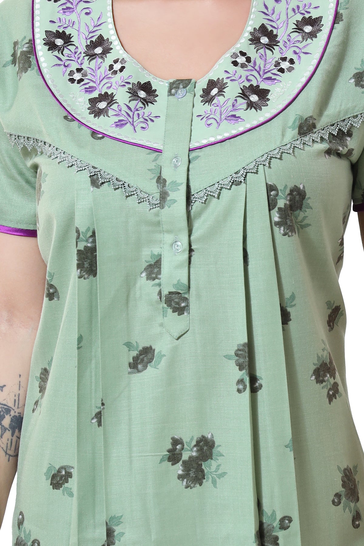 Mint Green Cotton Embroidered Night Gown