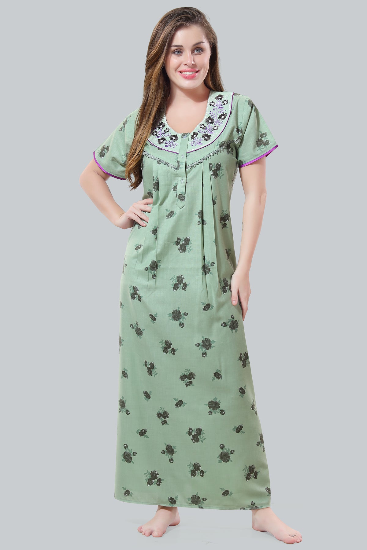 Mint Green Cotton Embroidered Night Gown